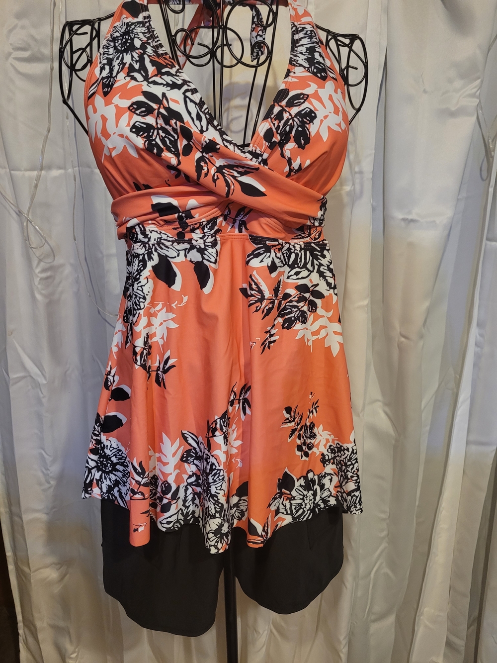 Amazon Coral Orange Floral Swimdress with Black and White Print